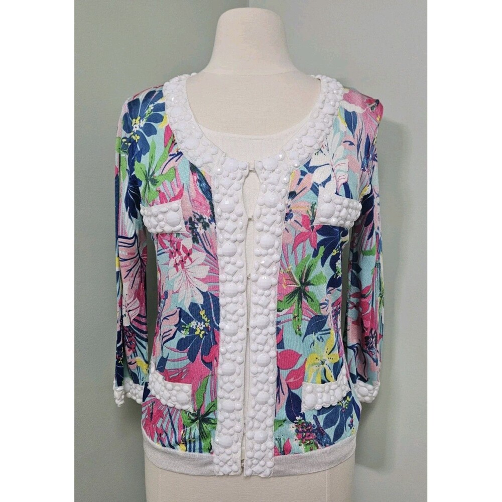 Michael Simon Tropical Cardigan Sweater Vintage Beaded Colorful + White Tank Set